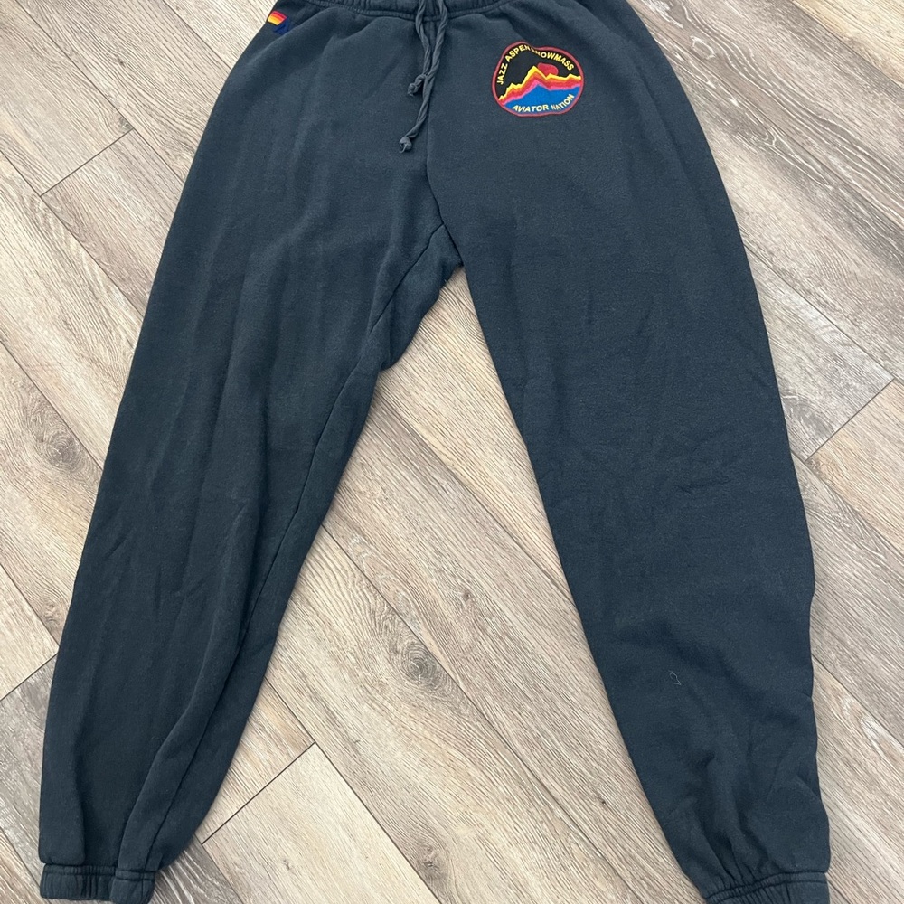 Aviator Nation Black Track Joggers with Rainbow Patch